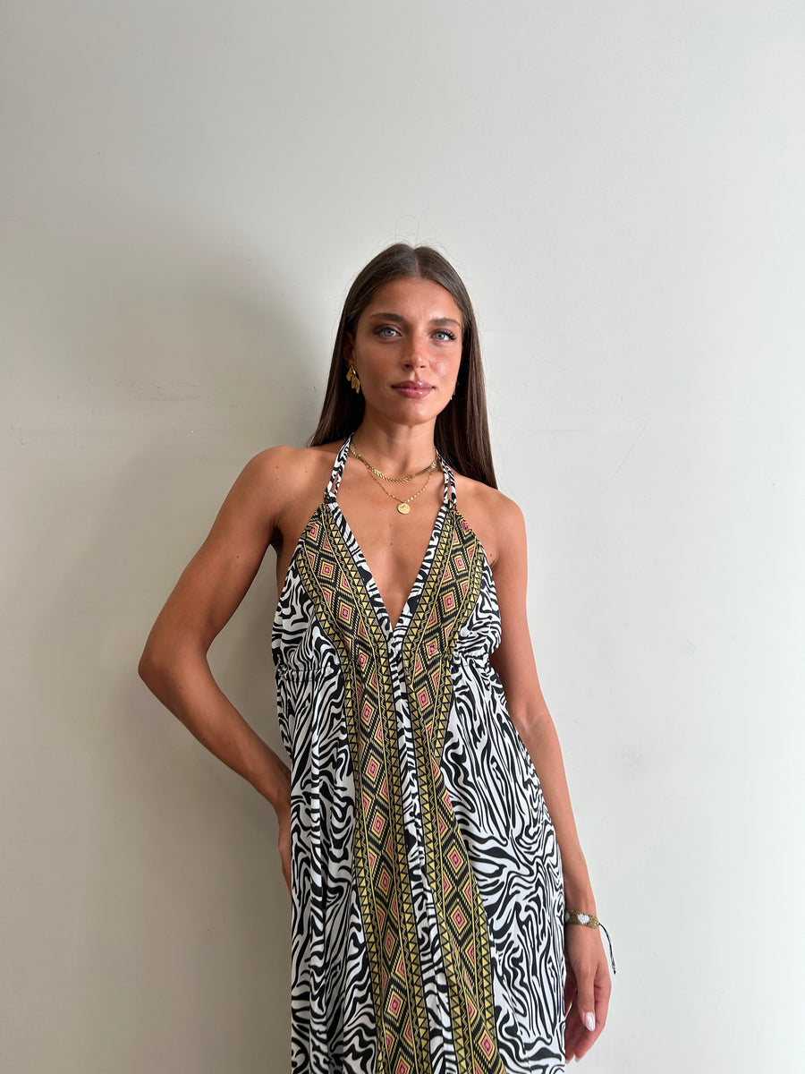 FREELOVE Abito lungo BEACH LONG seta Zebra Black