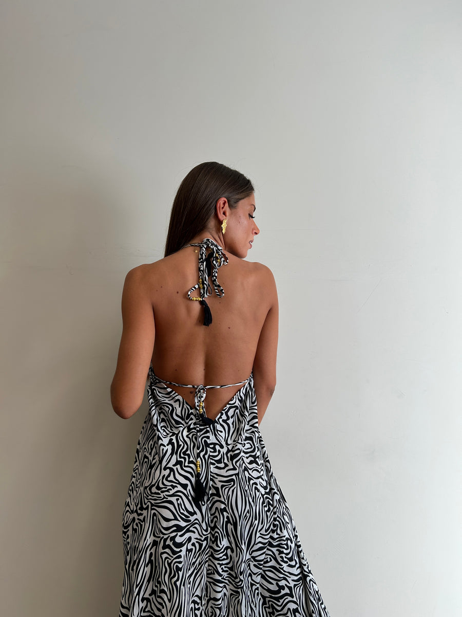 FREELOVE Abito lungo BEACH LONG seta Zebra Black