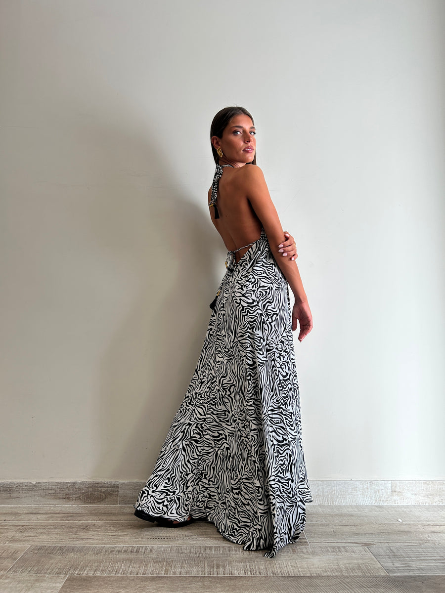 FREELOVE Abito lungo BEACH LONG seta Zebra Black