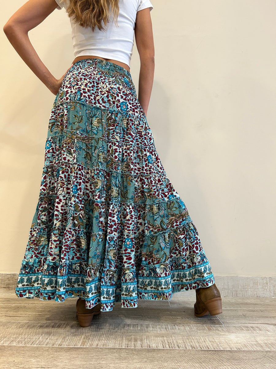 FREELOVE Gonna ASIMMETRICA Seta Flower Leo Turquoise