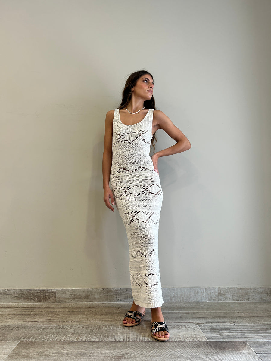 MOTEL Abito lungo crochet panna