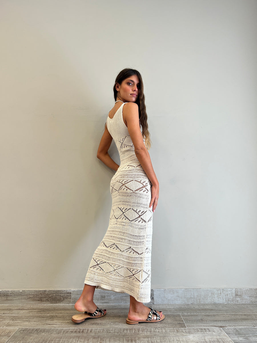 MOTEL Abito lungo crochet panna