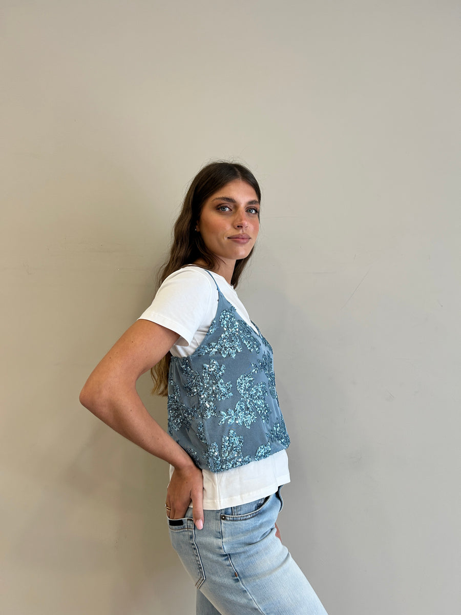 LE STREGHE T-shirt bianca+ Top ricami paillettes Azzurro