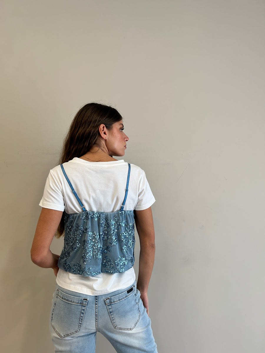 LE STREGHE T-shirt bianca+ Top ricami paillettes Azzurro