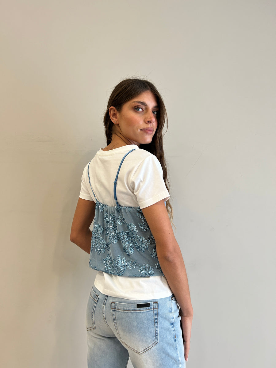 LE STREGHE T-shirt bianca+ Top ricami paillettes Azzurro