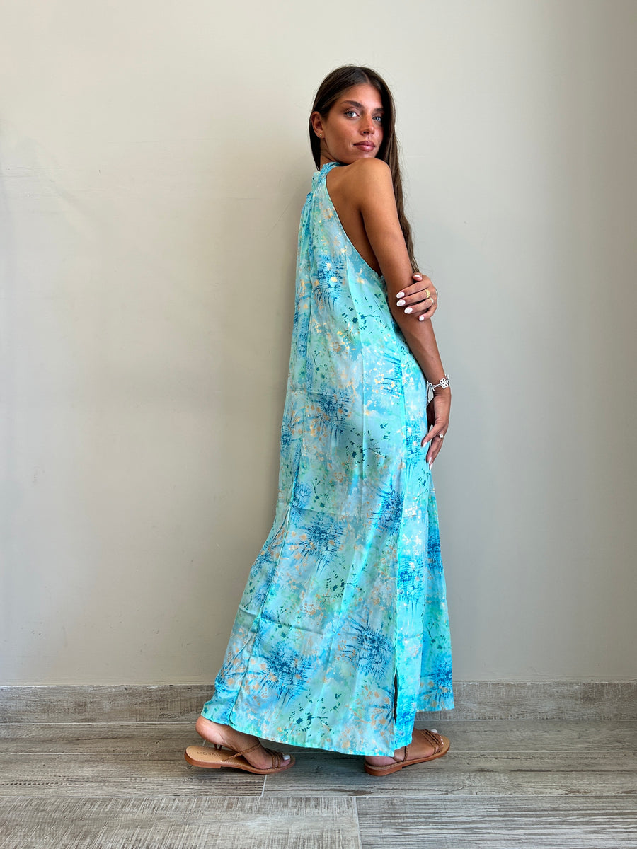 FREELOVE GAIA Abito lungo seta Tie Dye Turquoise