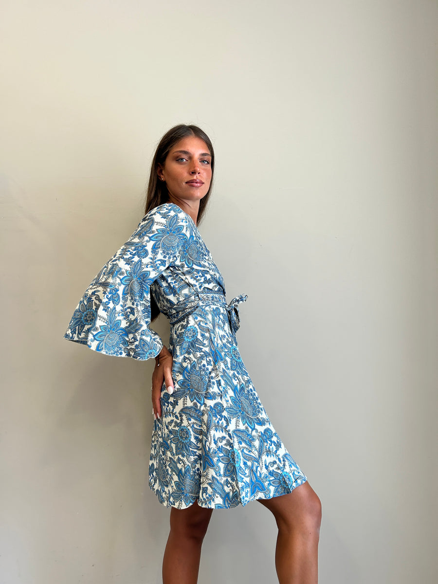 FREELOVE Abito Kimono corto seta Hibiscus Blu