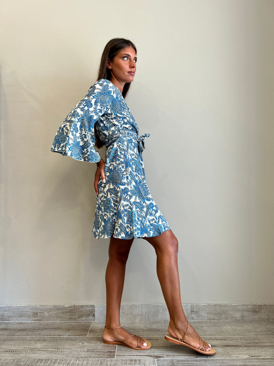 FREELOVE Abito Kimono corto seta Hibiscus Blu