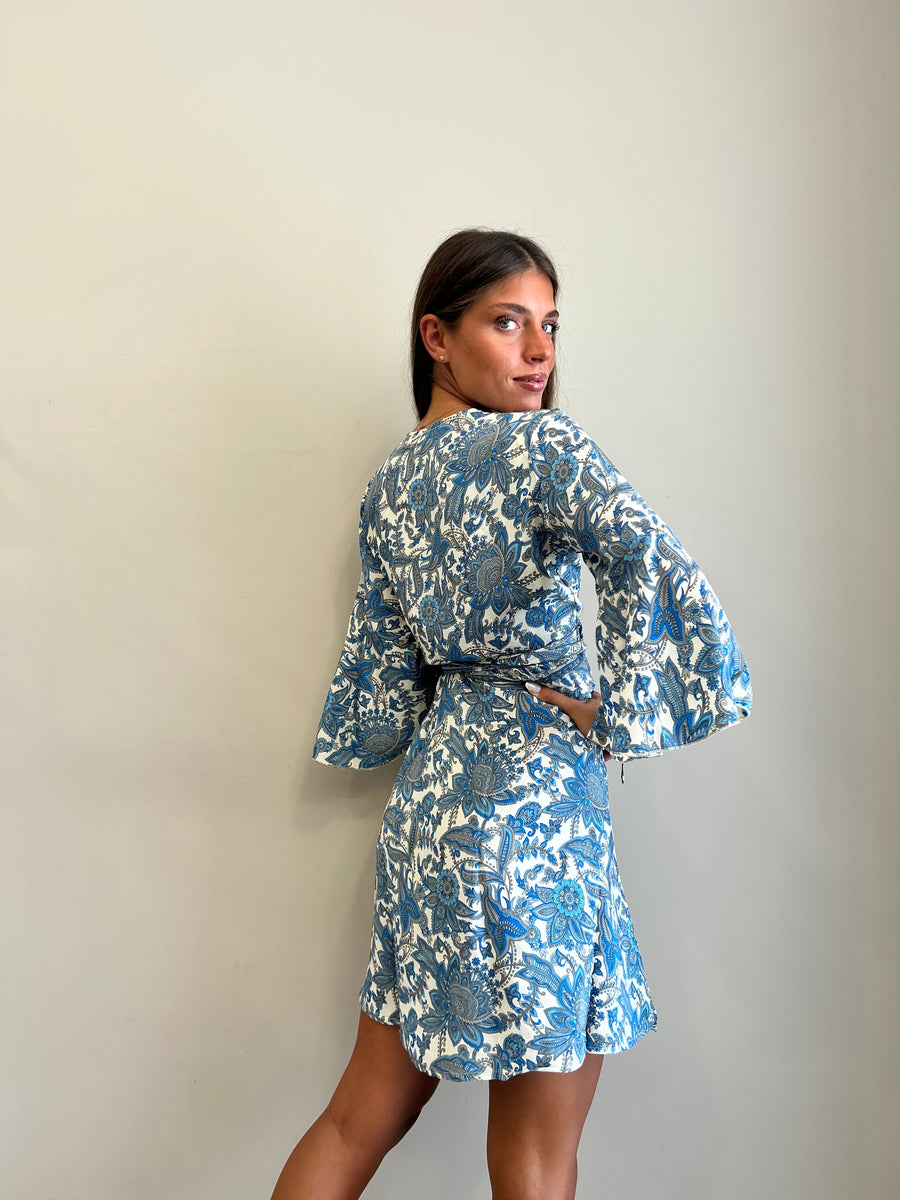 FREELOVE Abito Kimono corto seta Hibiscus Blu