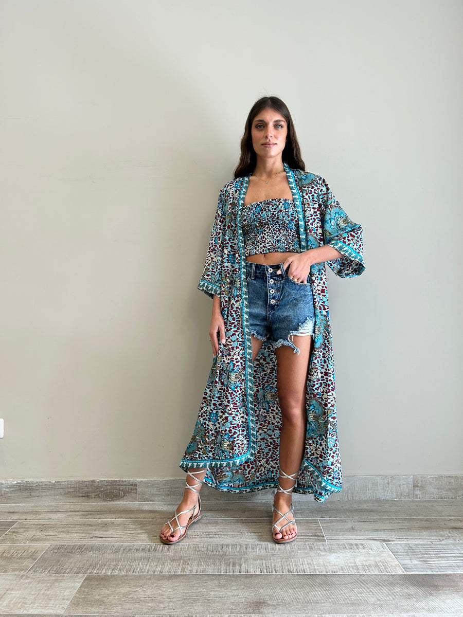 Freelove Kimono Streep Seta Flower Leo Turquoise