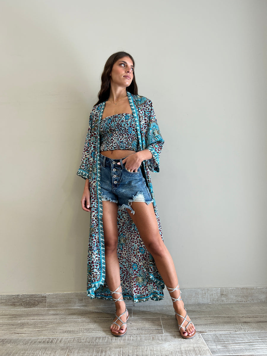 Freelove Kimono Streep Seta Flower Leo Turquoise