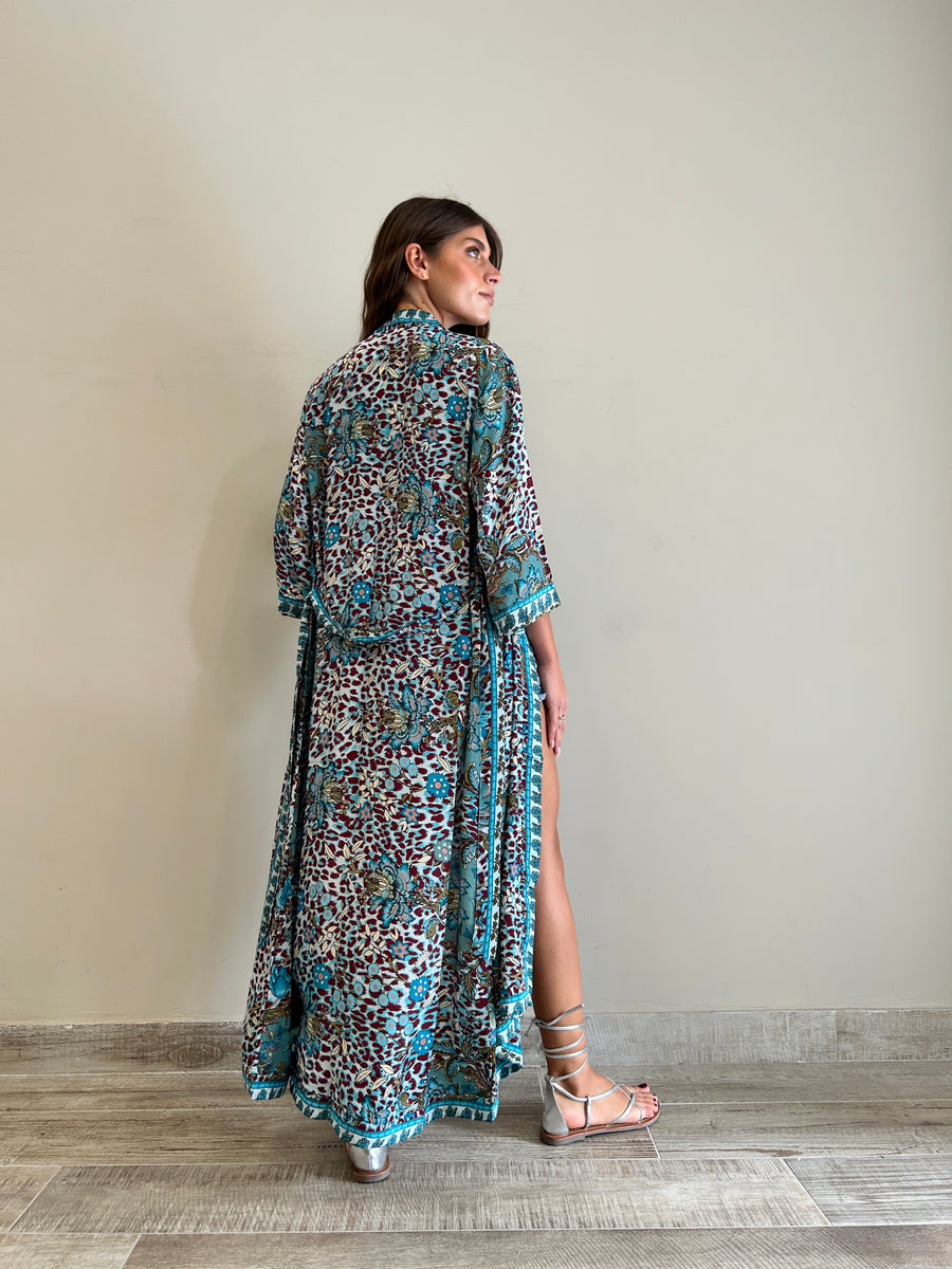 Freelove Kimono Streep Seta Flower Leo Turquoise