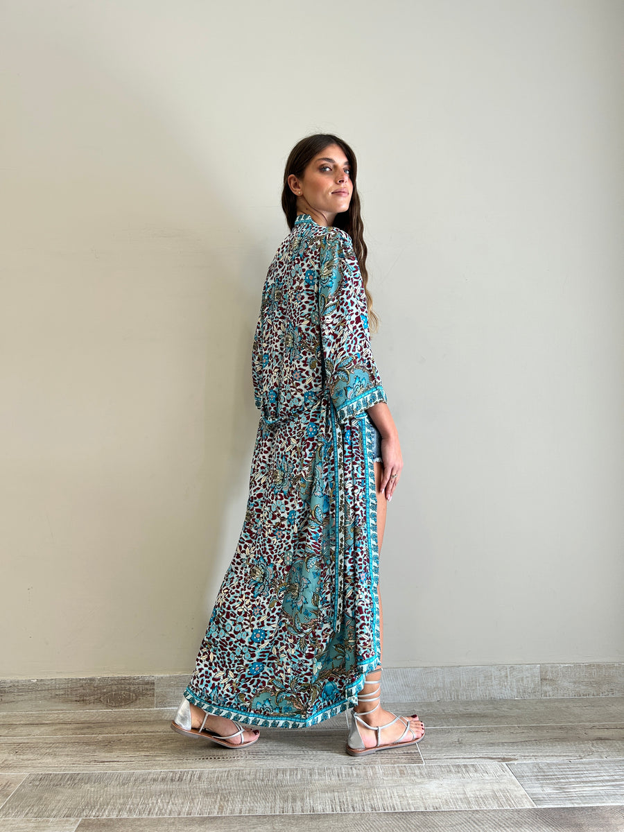 Freelove Kimono Streep Seta Flower Leo Turquoise