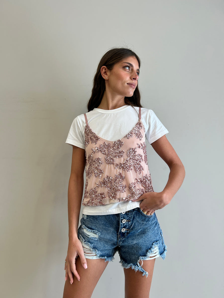 LE STREGHE T-shirt bianca+ Top ricami paillettes Rosa