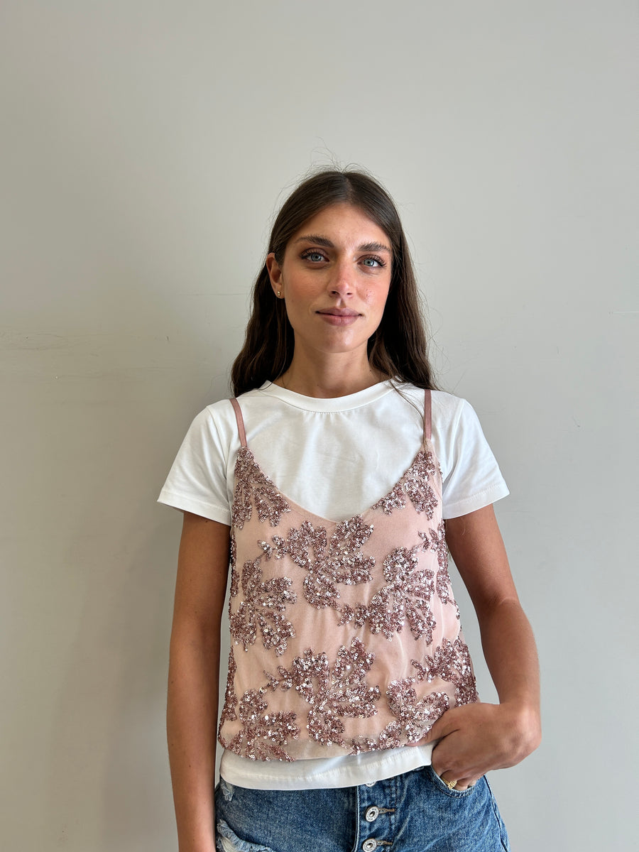 LE STREGHE T-shirt bianca+ Top ricami paillettes Rosa