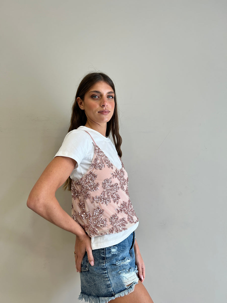 LE STREGHE T-shirt bianca+ Top ricami paillettes Rosa