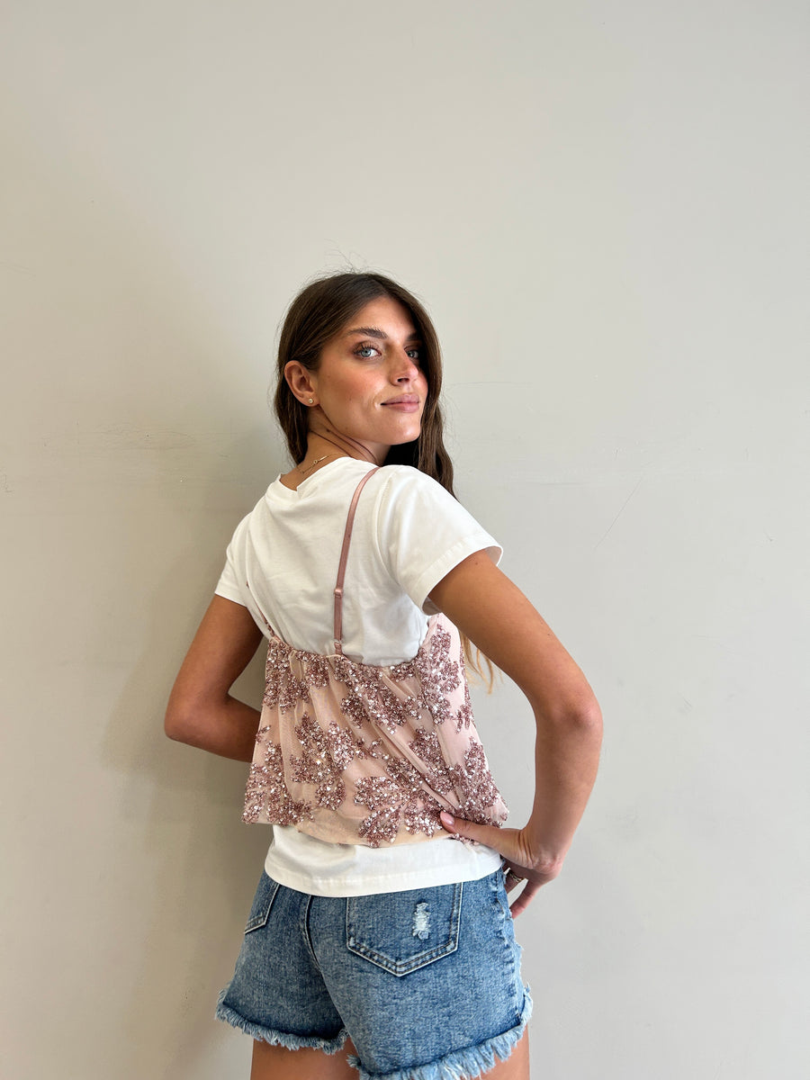 LE STREGHE T-shirt bianca+ Top ricami paillettes Rosa