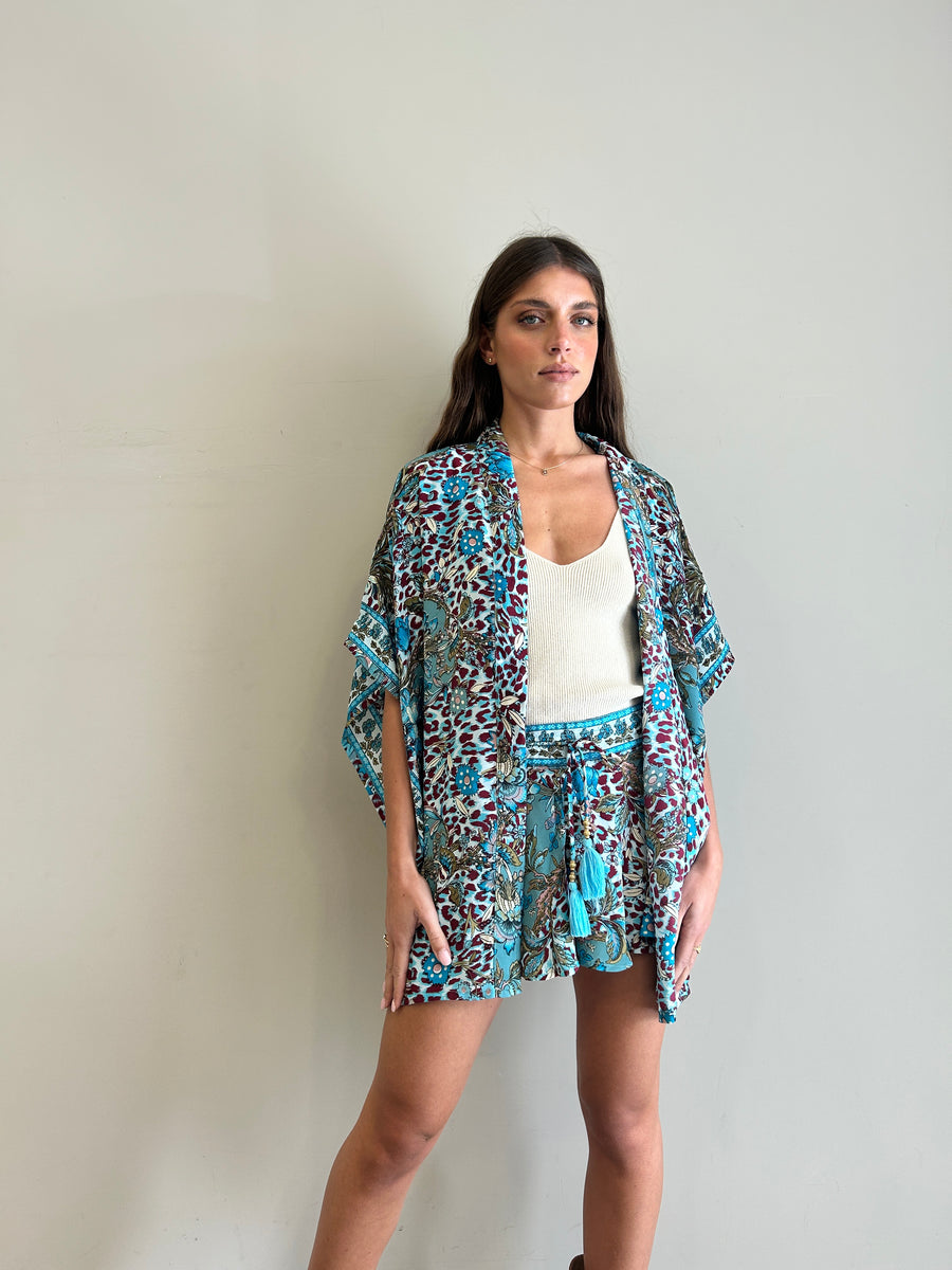 FREELOVE Kimono Fairy seta Flower Leo Turquoise