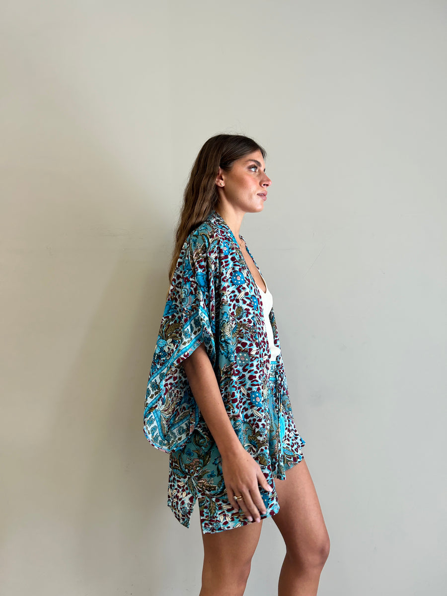 FREELOVE Kimono Fairy seta Flower Leo Turquoise