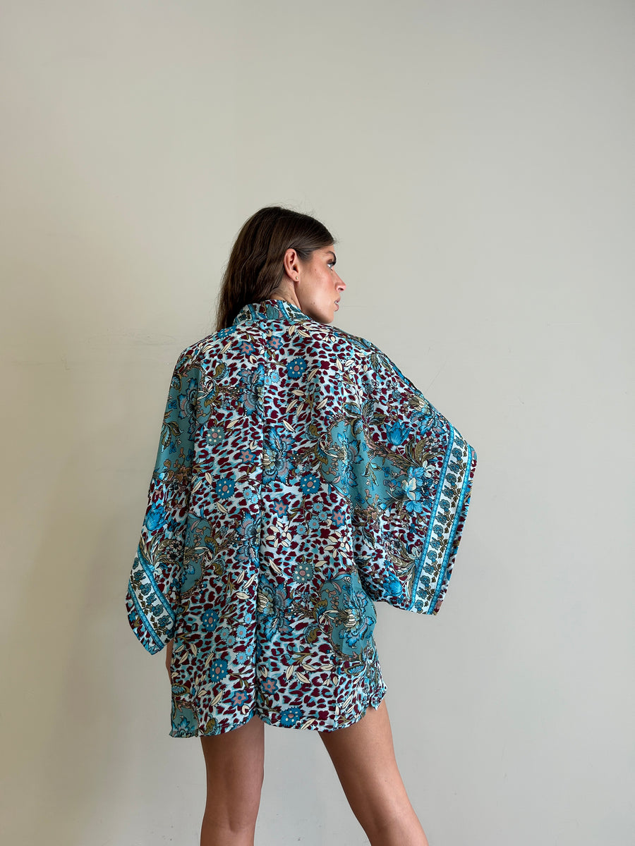 FREELOVE Kimono Fairy seta Flower Leo Turquoise