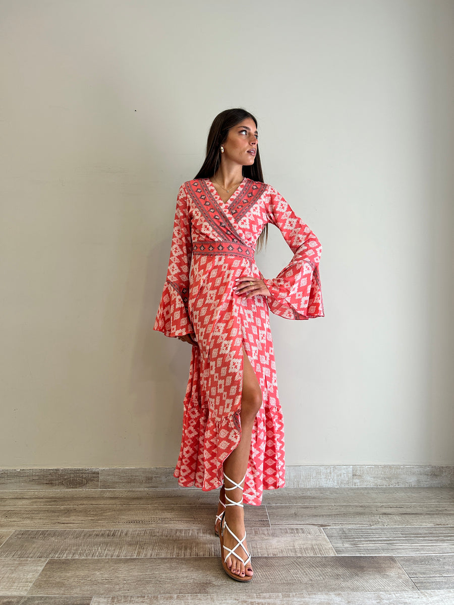 FREELOVE Abito Kimono seta Tribal coral