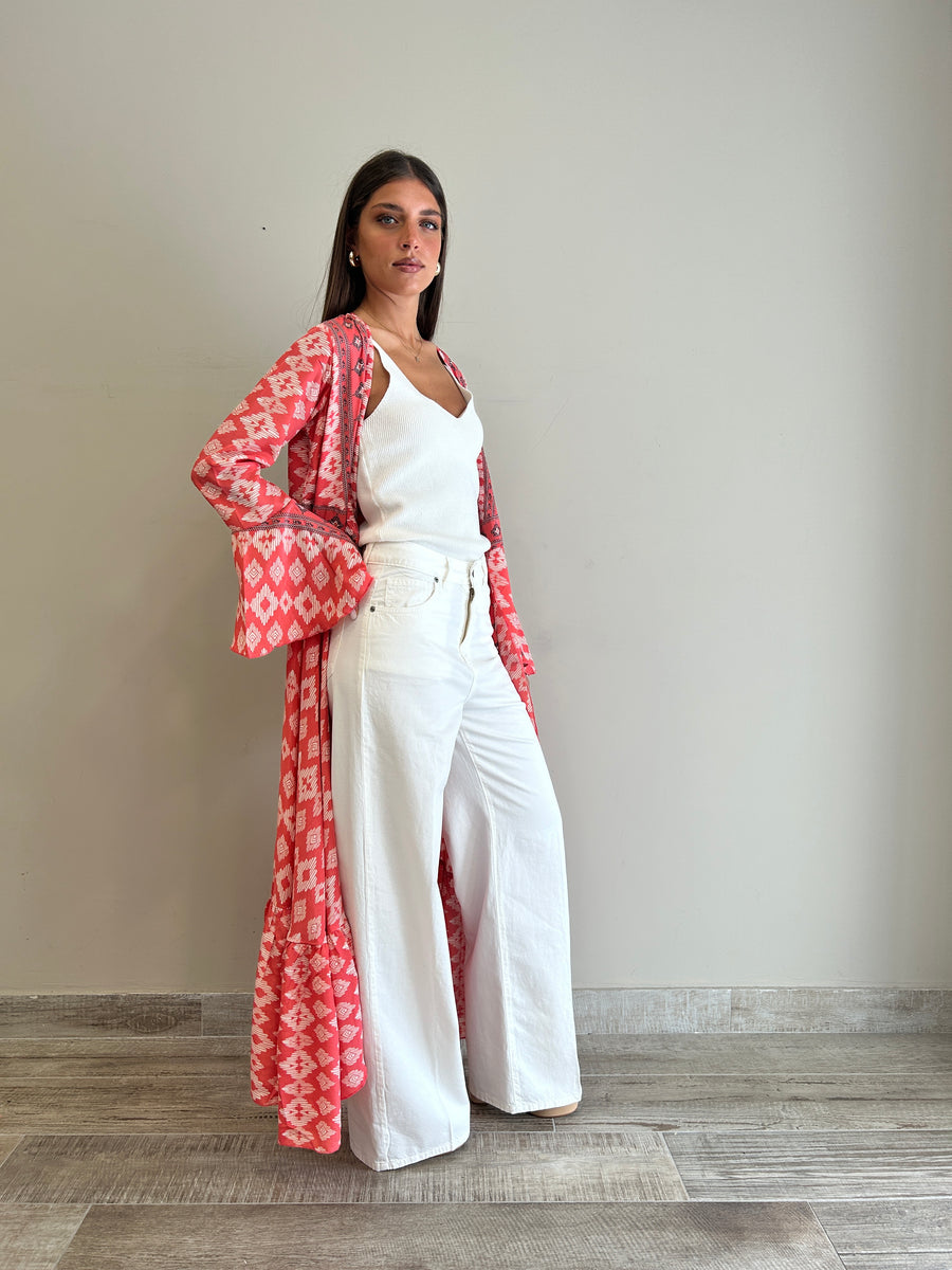 FREELOVE Abito Kimono seta Tribal coral
