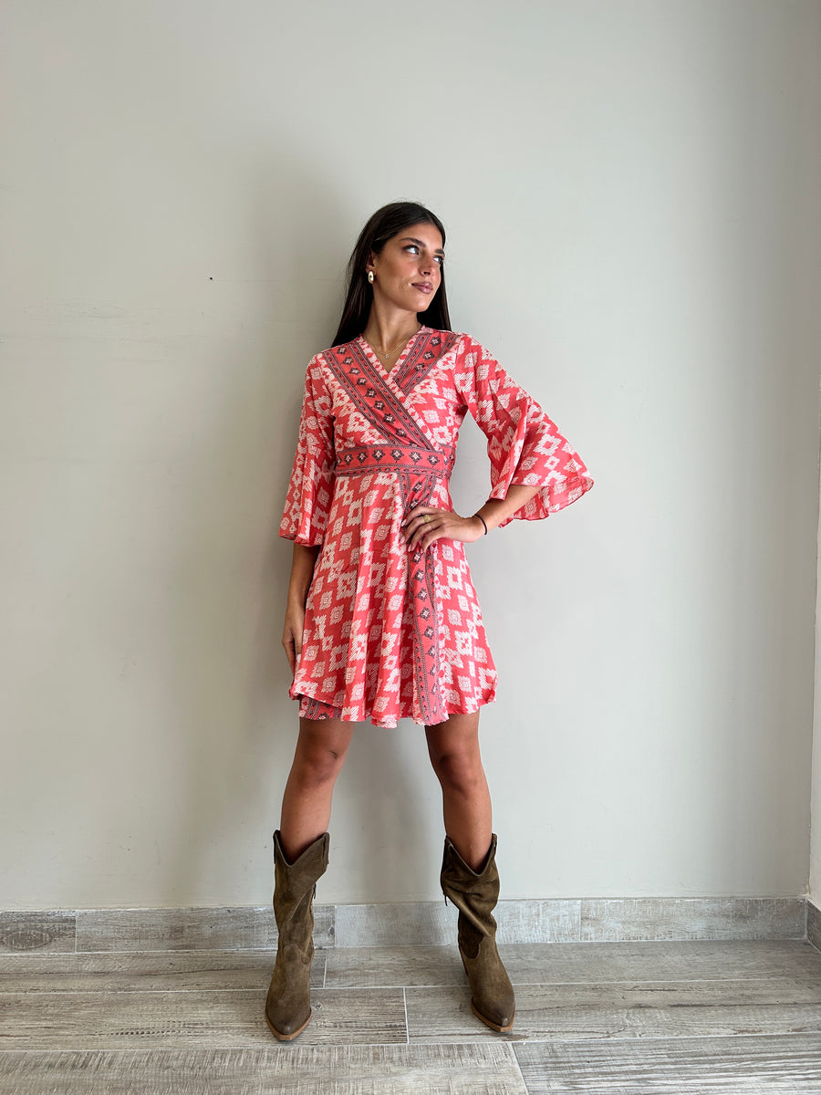 FREELOVE Abito Kimono corto seta Tribal Coral
