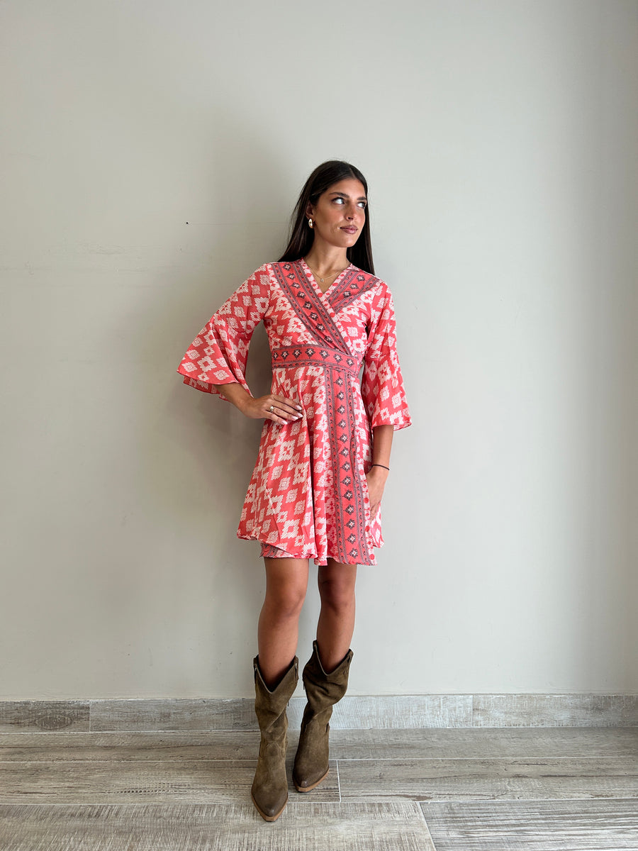 FREELOVE Abito Kimono corto seta Tribal Coral