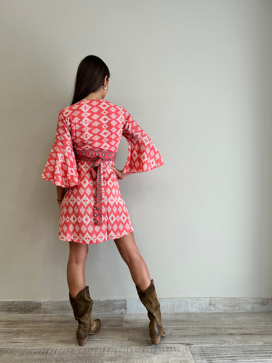 FREELOVE Abito Kimono corto seta Tribal Coral