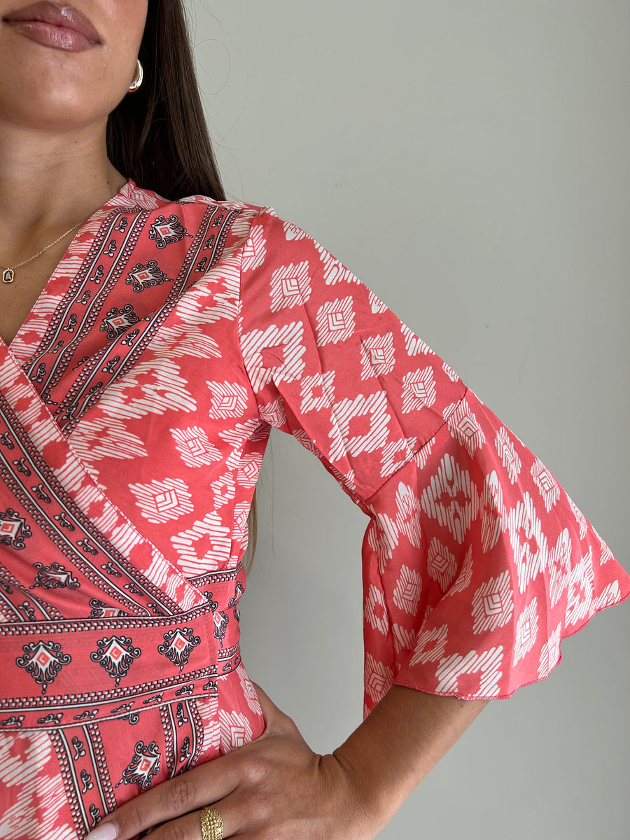 FREELOVE Abito Kimono corto seta Tribal Coral