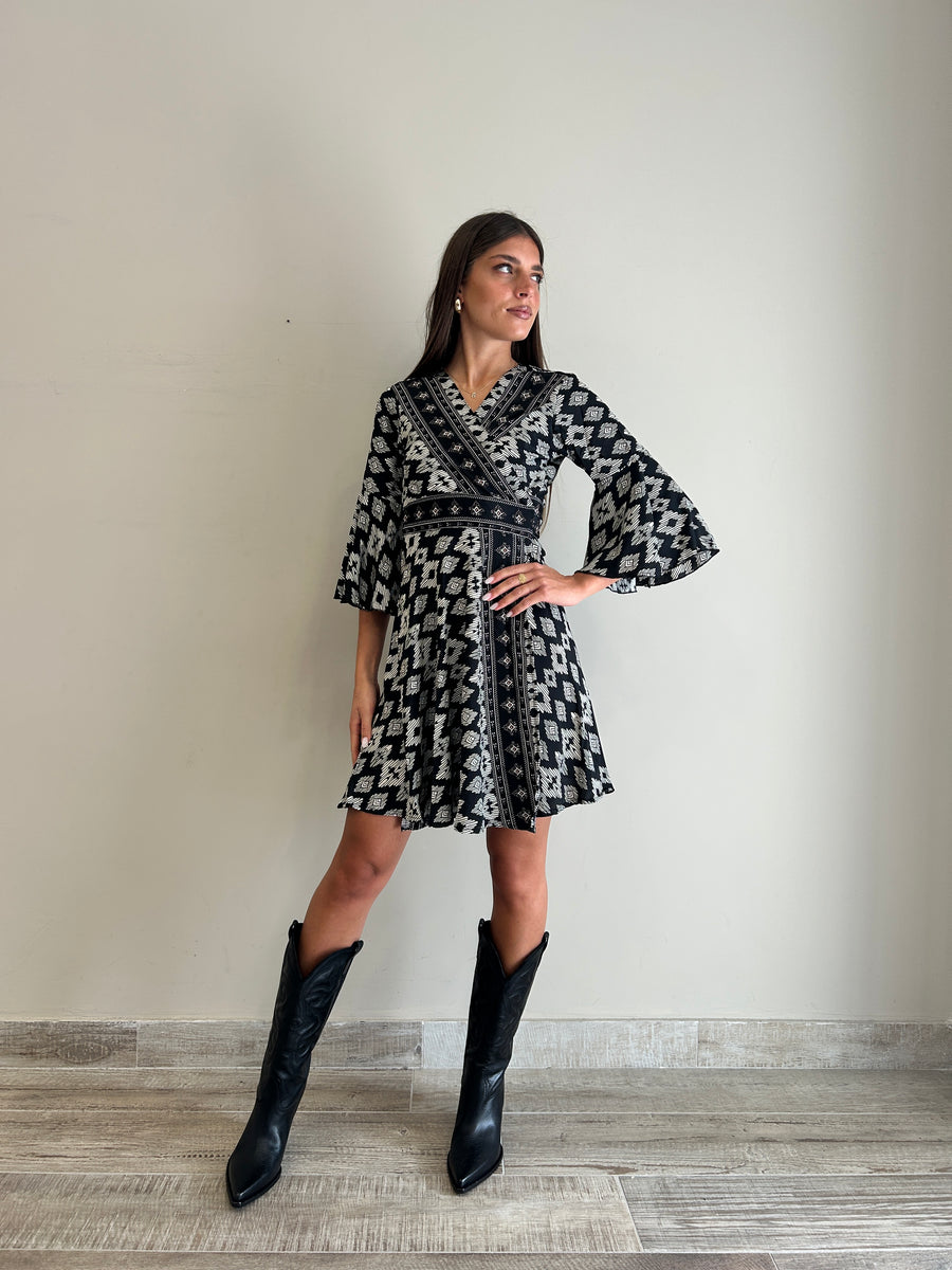 FREELOVE Abito Kimono corto seta Tribal Black