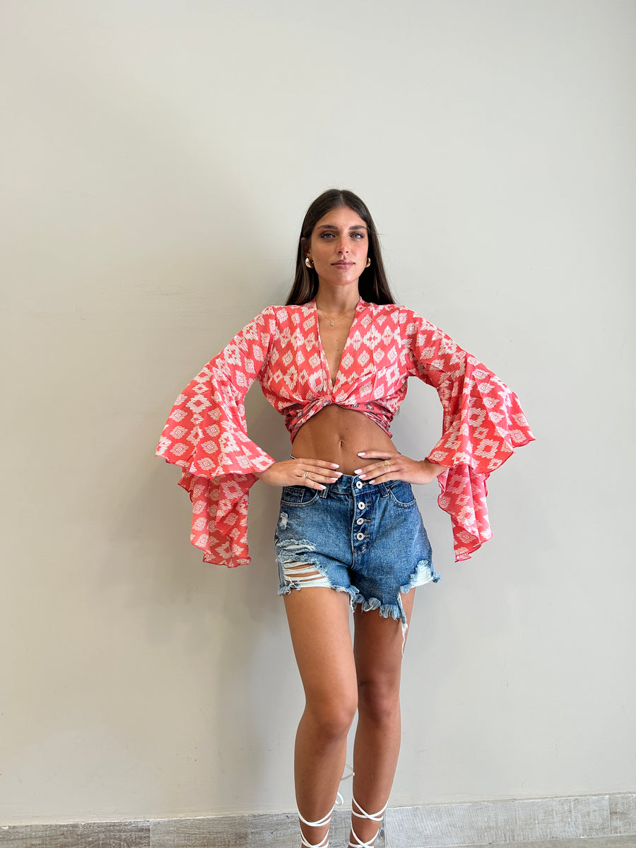 FREELOVE Gipsy Top Seta Tribal Coral
