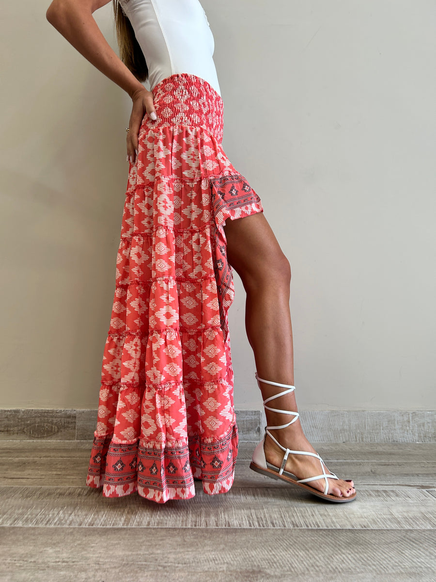 FREELOVE Gonna ASIMMETRICA Seta Tribal Coral