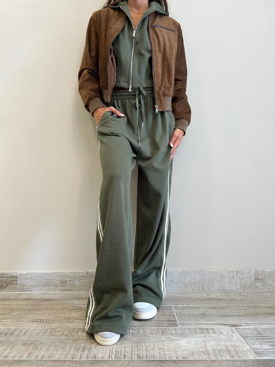 LMN Pantalone felpa verde militare+ banda laterale