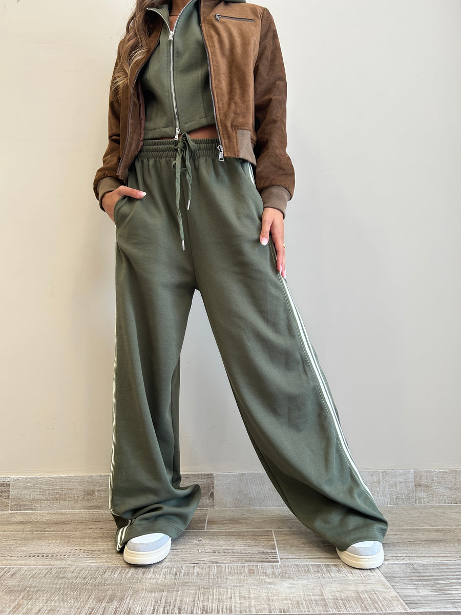 LMN Pantalone felpa verde militare+ banda laterale