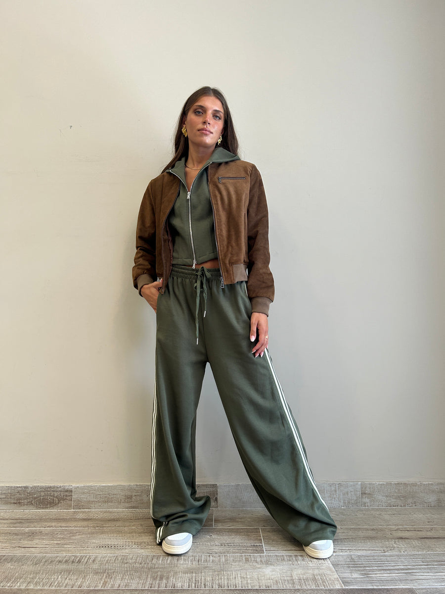 LMN Pantalone felpa verde militare+ banda laterale