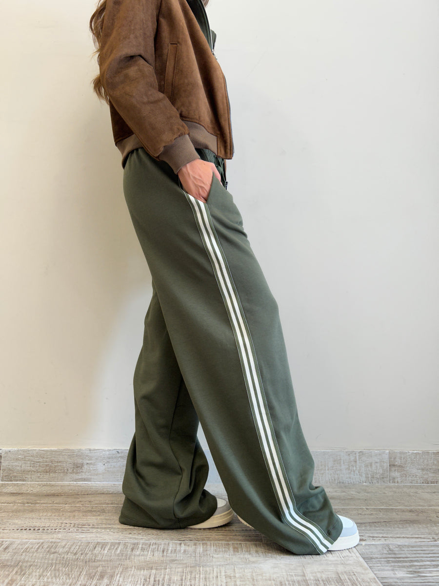 LMN Pantalone felpa verde militare+ banda laterale