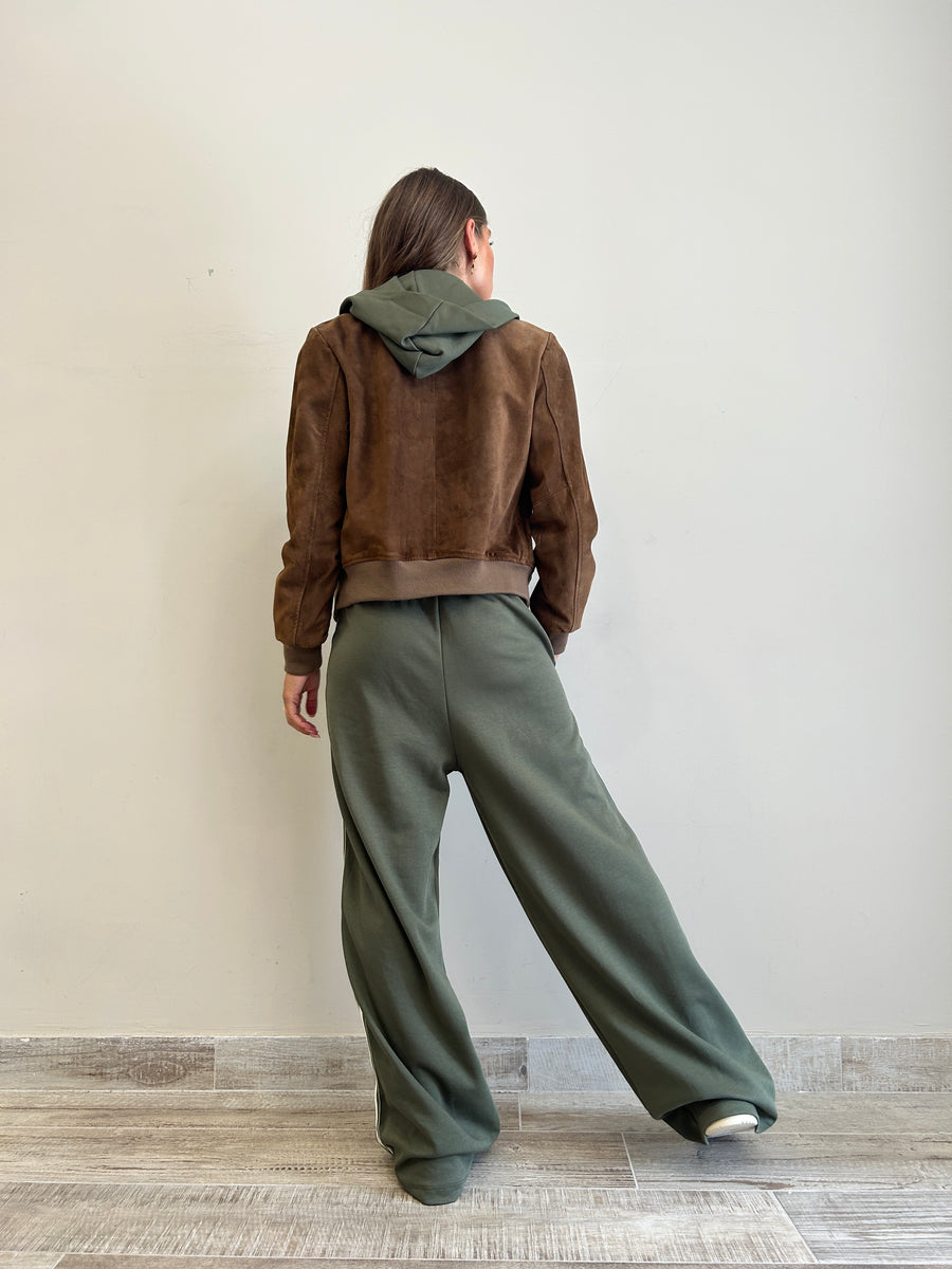 LMN Pantalone felpa verde militare+ banda laterale
