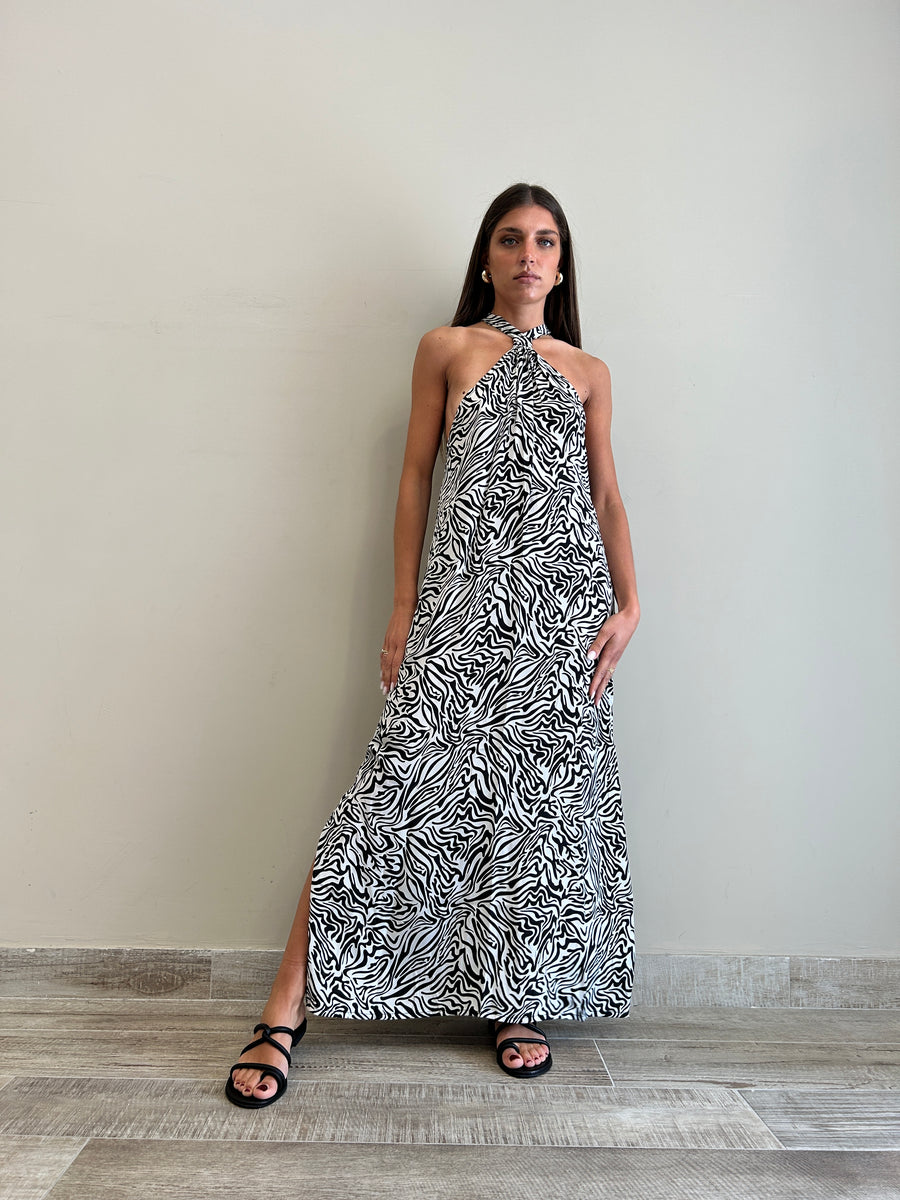 FREELOVE GAIA Abito lungo seta Zebra Black