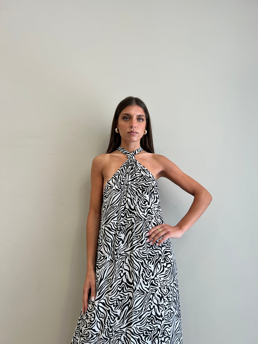 FREELOVE GAIA Abito lungo seta Zebra Black