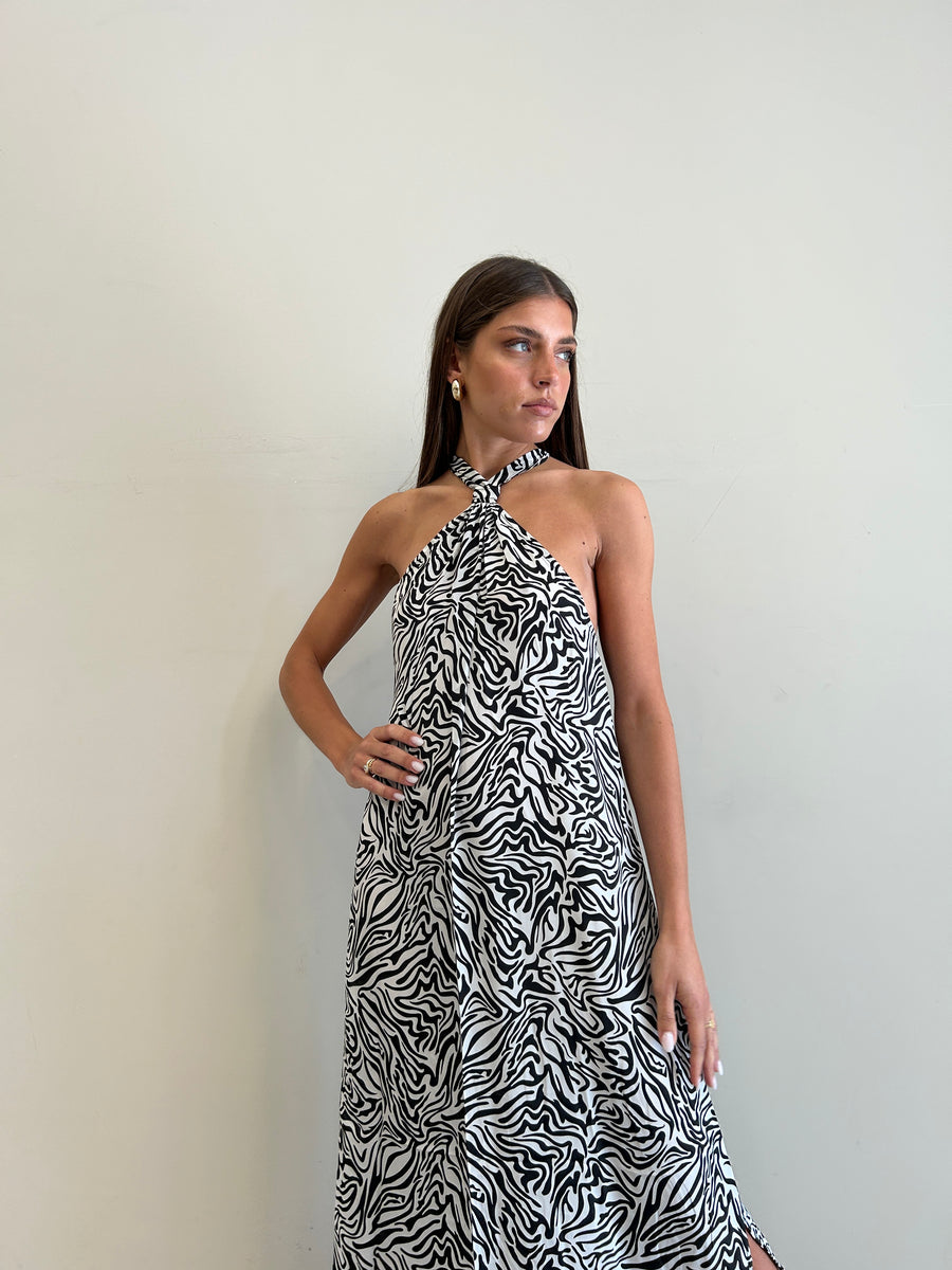 FREELOVE GAIA Abito lungo seta Zebra Black