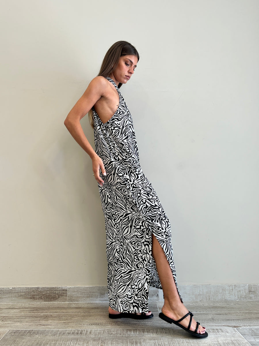 FREELOVE GAIA Abito lungo seta Zebra Black