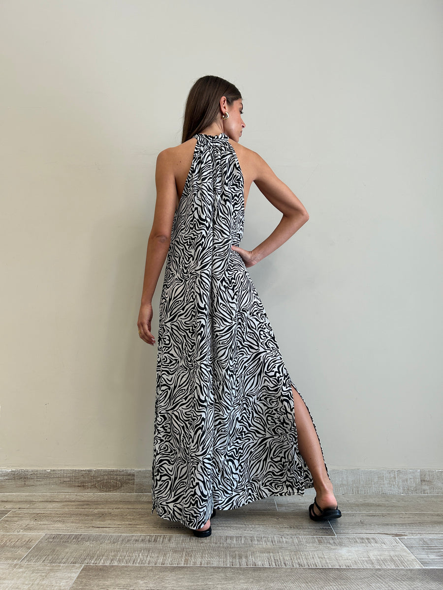 FREELOVE GAIA Abito lungo seta Zebra Black