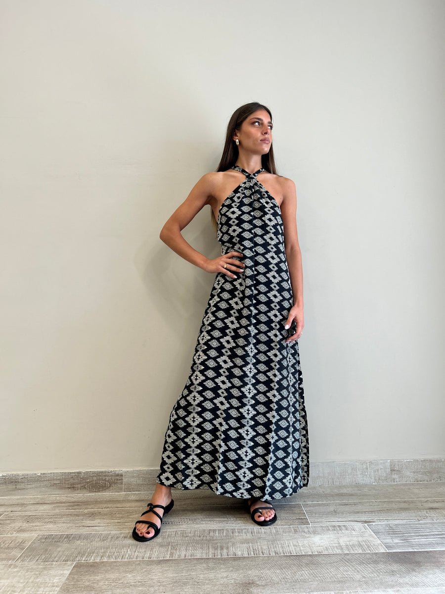 FREELOVE GAIA Abito lungo seta Tribal Black