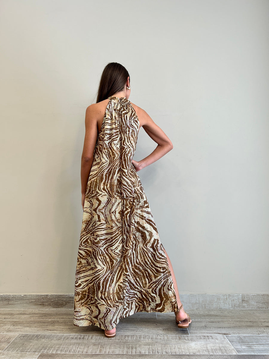 FREELOVE GAIA Abito lungo seta Golden Zebra