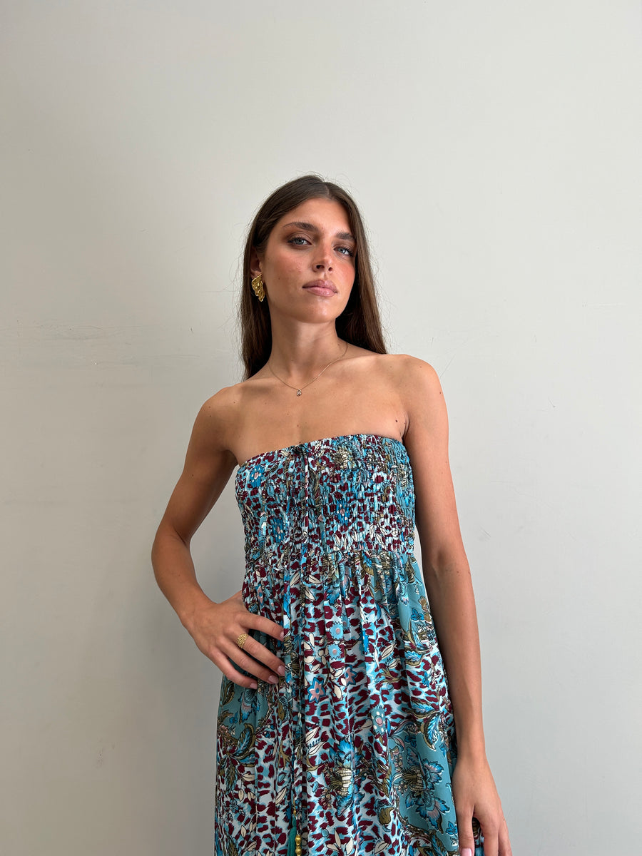 FREELOVE Abito lungo LACE seta Flower Leo Turquoise
