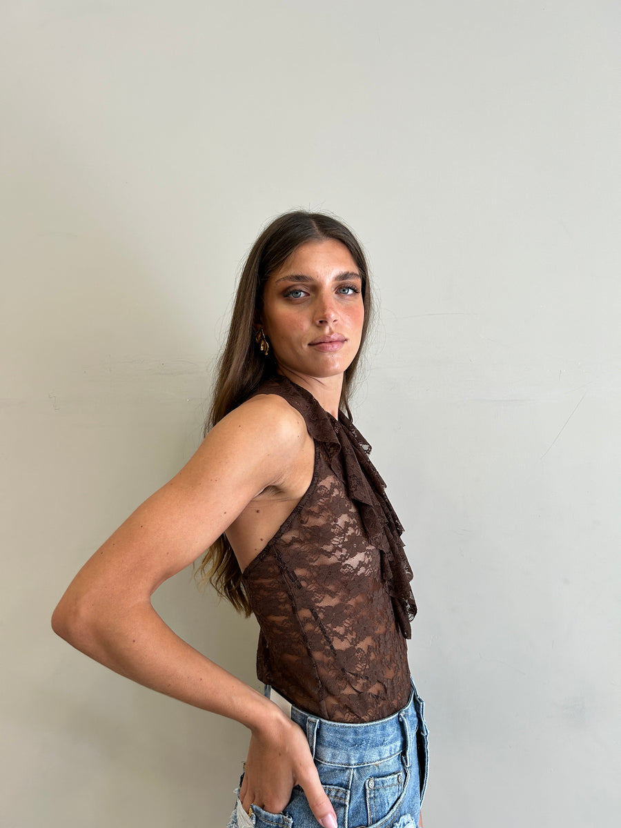LMN Body pizzo con rouches cioccolato