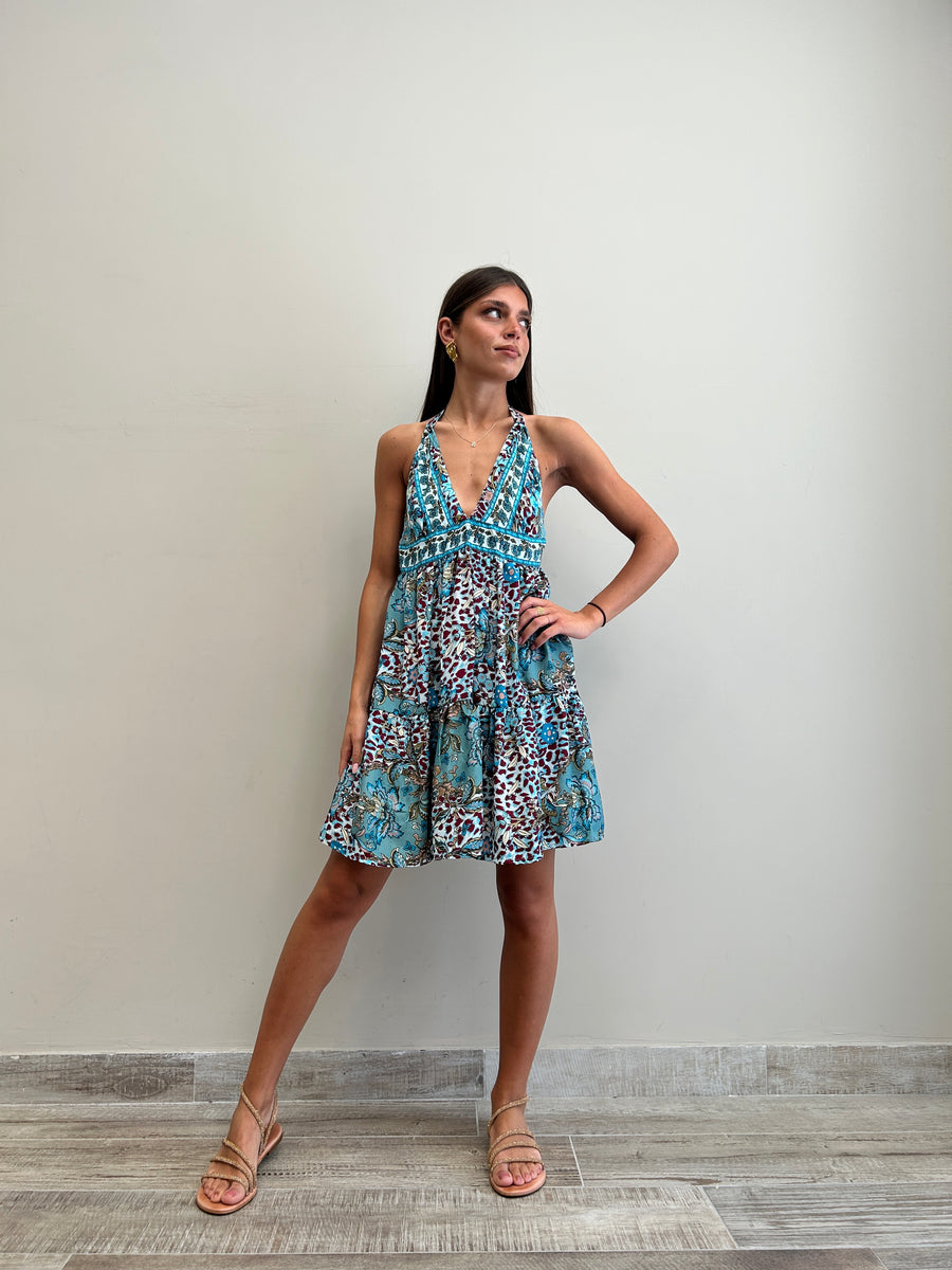 FREELOVE Abito MARINA seta Flower Leo Turquoise