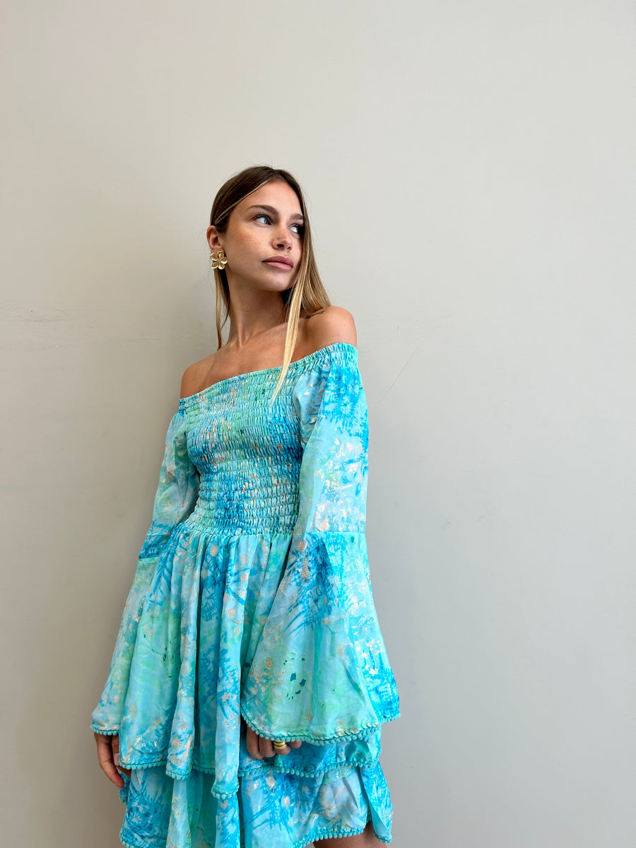 FREELOVE Bobin abito corto seta Tie Dye turquoise