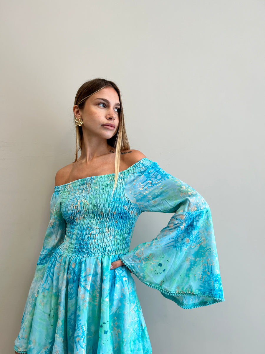 FREELOVE Bobin abito corto seta Tie Dye turquoise
